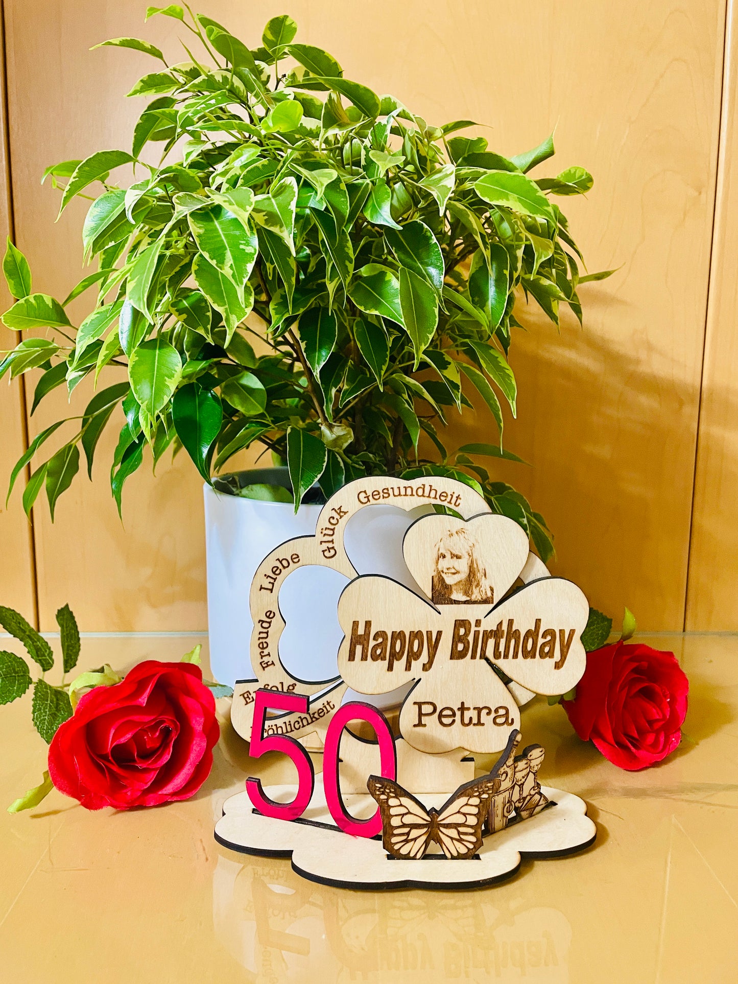 Geburtstagsaufsteller Kleeblatt aus Holz, graviert - mit FOTO PERSONALISIERT