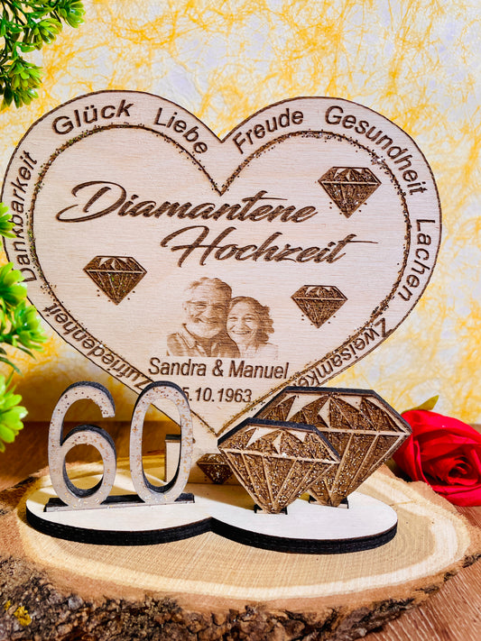 Diamantene Hochzeit Aufsteller aus Holz, graviert mit FOTO, NAMEN, HOCHZEITSDATUM - PERSONALISIERT
